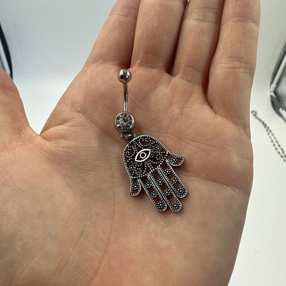 Hamsa Hand All Seeing Eye Belly Bar Navel Piercing Ring Surgical Steel - Picture 3 of 4